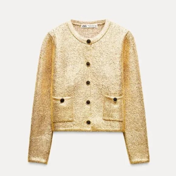 NWT ZARA FOIL KNIT CARDIGAN GOLDEN - Picture 1 of 4